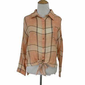 En Creme Plaid Blouse Womens S Small Front Tie Button Lightweight Rayon Shirt